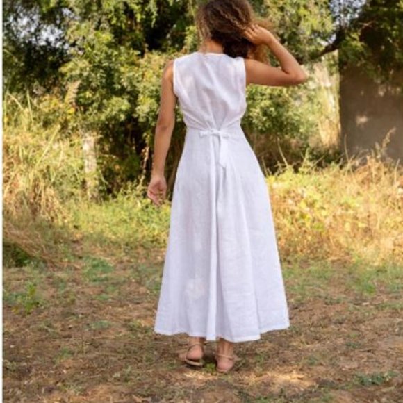 Navy Blue Maxi Dress with Buttons - 100% Linen - Picture 3 of 8